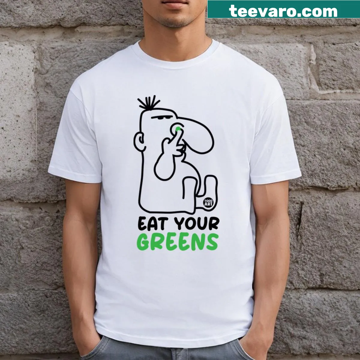 Encouraging Eat Greens t-shirt promoting healthy eating — on a men's t-shirt