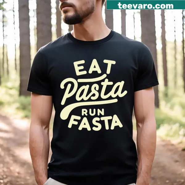 T-shirt with playful typography about eating pasta and running fast.