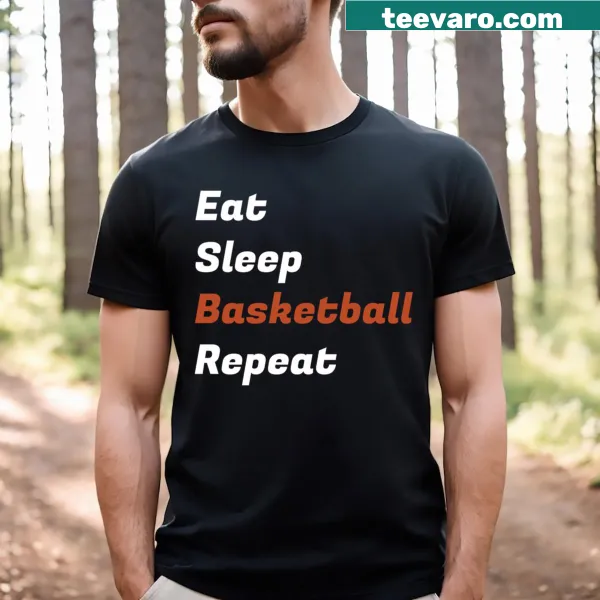 T-shirt with the phrase 'Eat Sleep Basketball Repeat' in bold typography