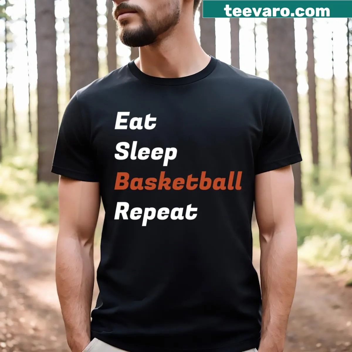 T-shirt with the phrase 'Eat Sleep Basketball Repeat' in bold typography — on a men's t-shirt