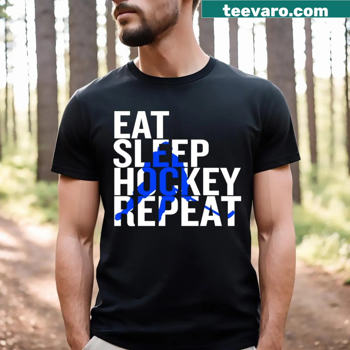 Eat Sleep Hockey Repeat shirt with clear text design — on a men's t-shirt