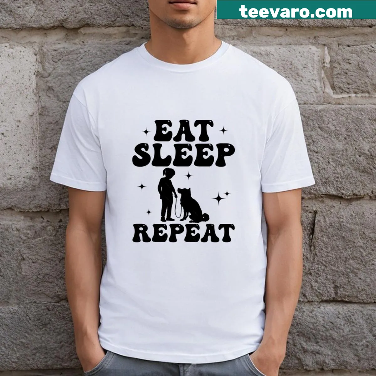 Groovy Eat Sleep Walk Dogs Repeat shirt design — on a men's t-shirt