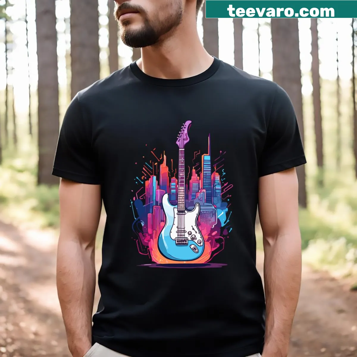 T-shirt featuring an electric guitar integrated with a cityscape design — on a men's t-shirt