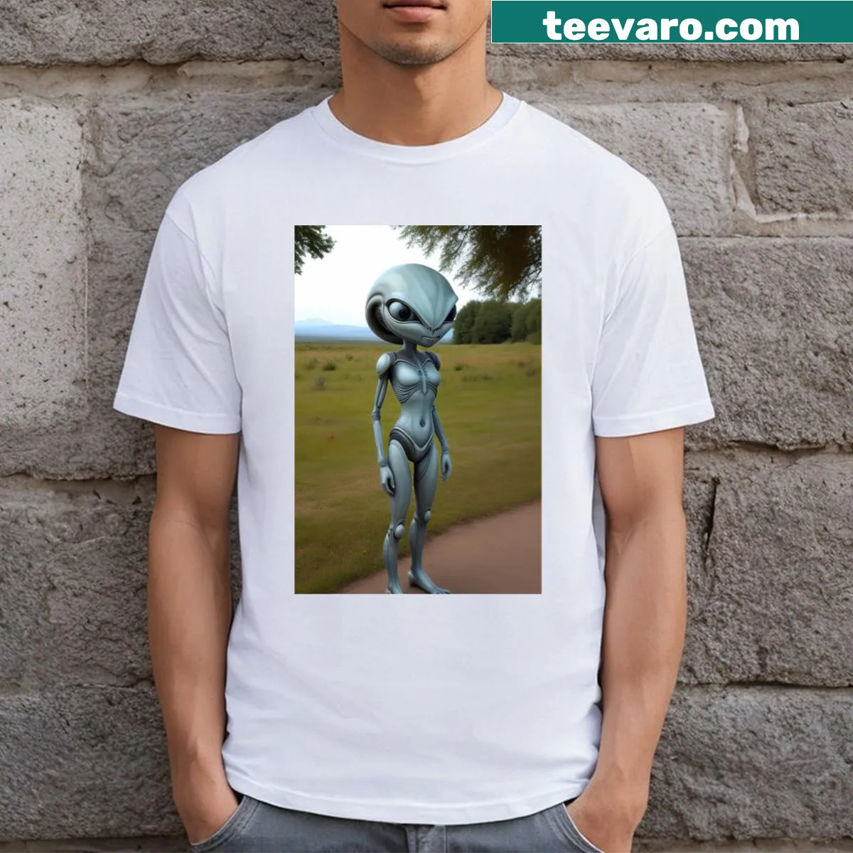 T-shirt featuring the bold illustration of a female alien named Lucile — on a men's t-shirt