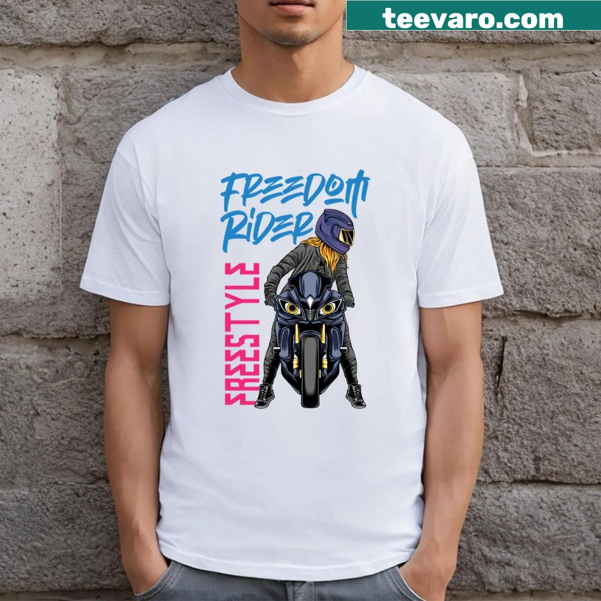 Motorcycle rider graphic on an urban street T-shirt — on a men's t-shirt