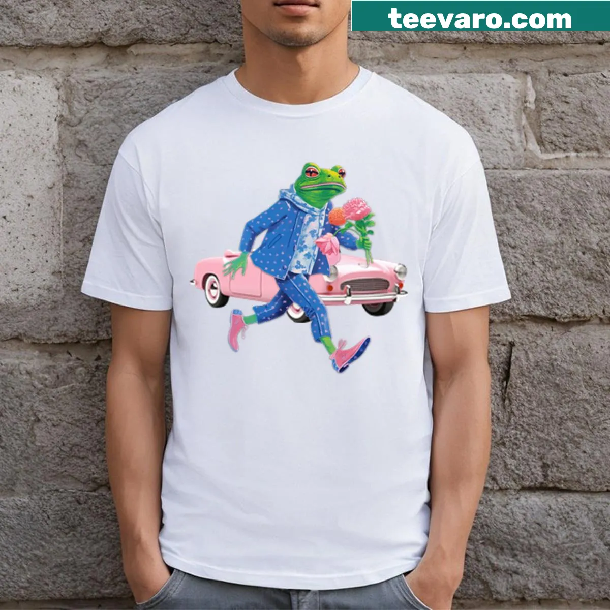 Illustration of a frog surrounded by flowers on a t-shirt — on a men's t-shirt