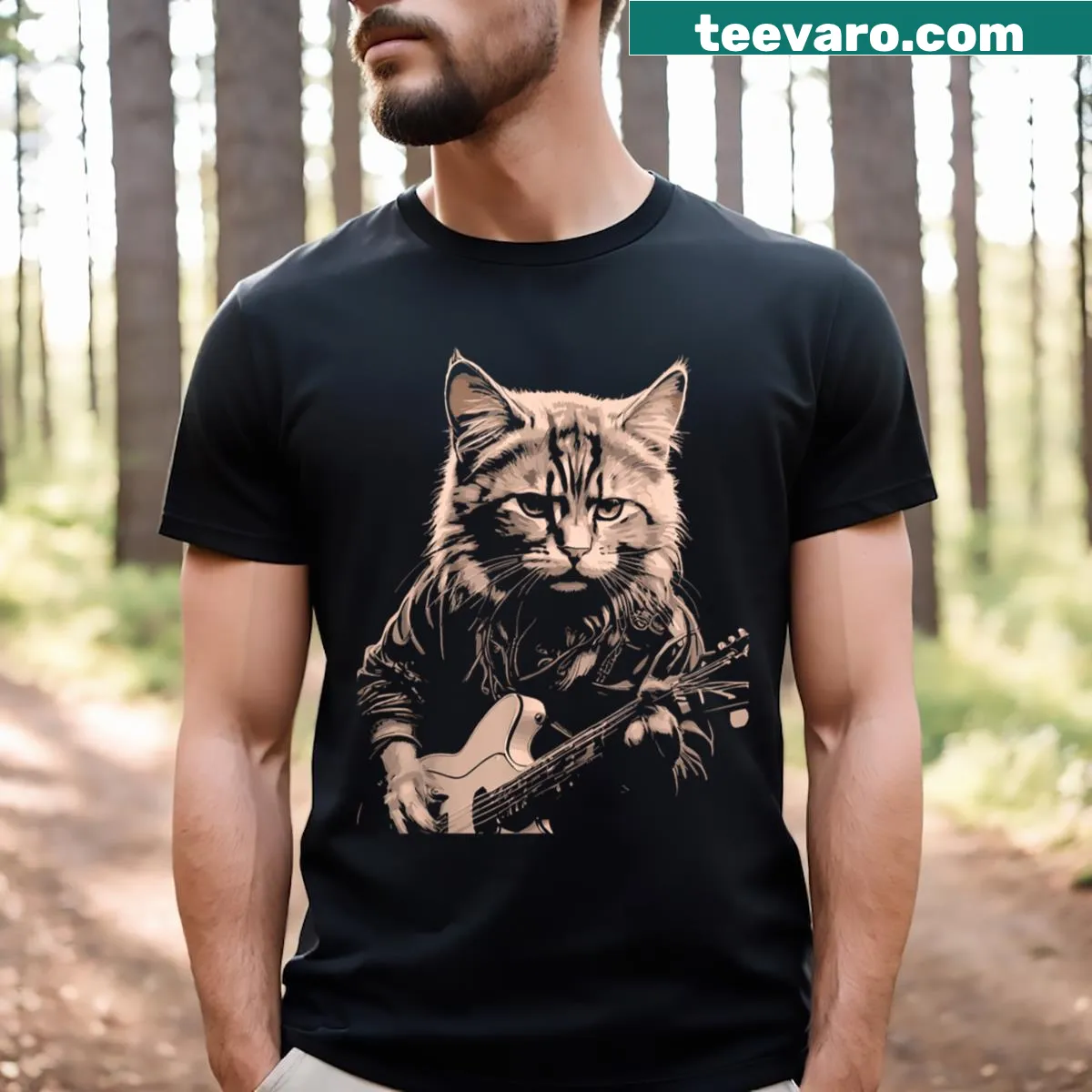 Cartoon cat playing guitar graphic T-shirt — on a men's t-shirt