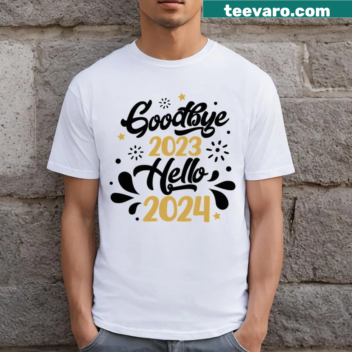 Funny New Year t-shirt with Goodbye 2023 Hello 2024 text — on a men's t-shirt