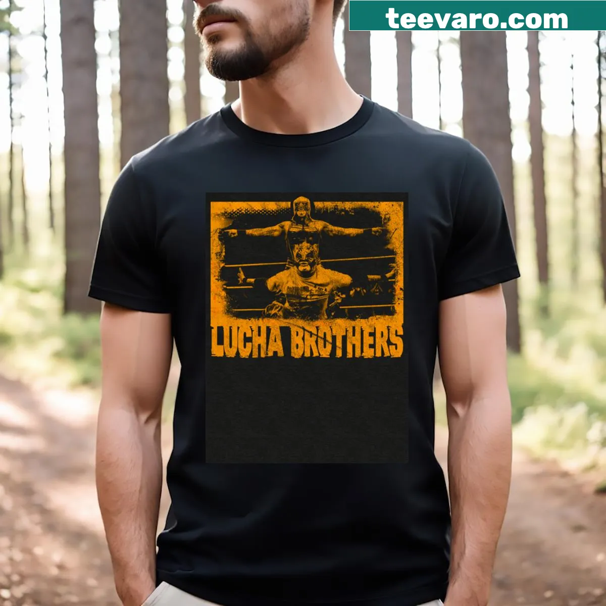 Vintage-inspired Grindhouse Lucha Bros graphic on T-shirt — on a men's t-shirt