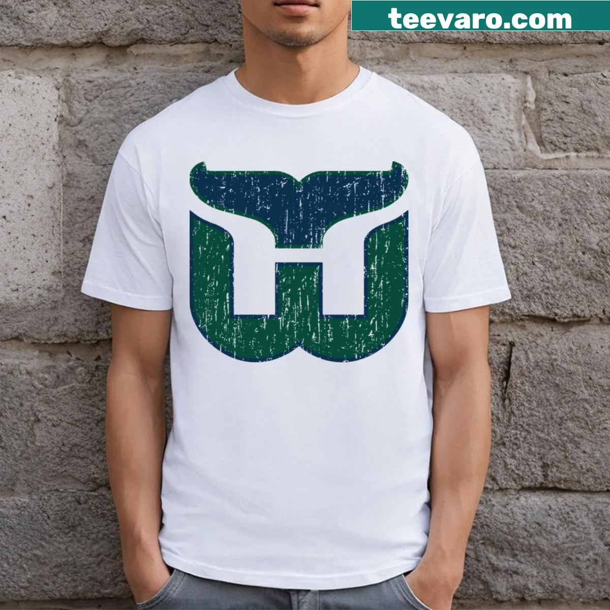 Vintage Hartford Whalers T-shirt with distressed design — on a men's t-shirt