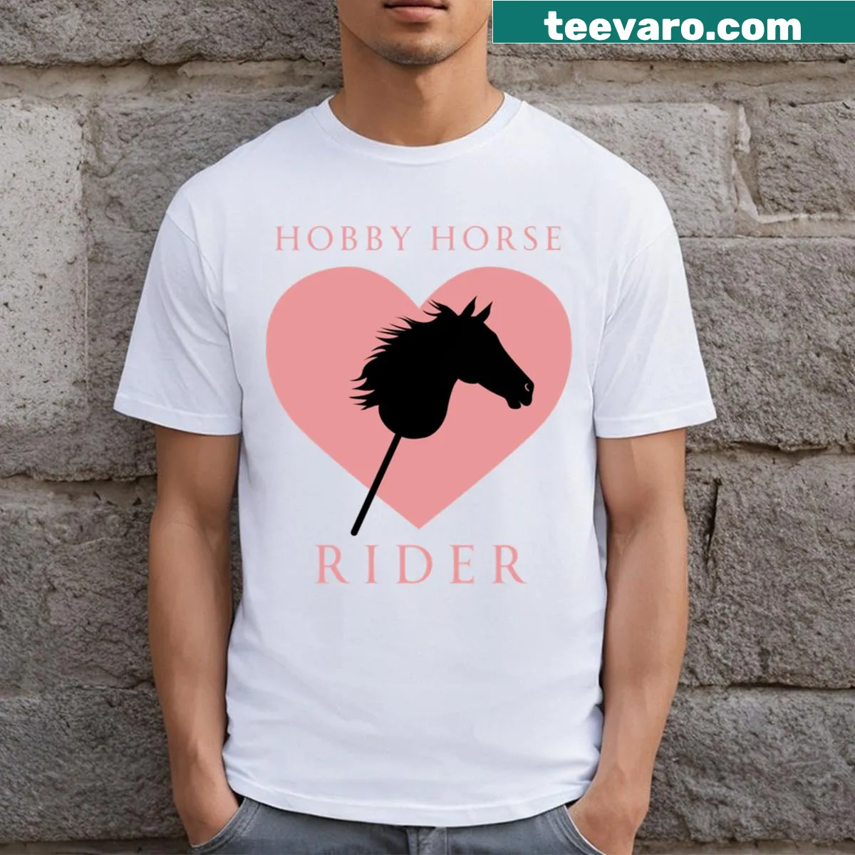 Youthful t-shirt featuring a hobby horse illustration for riders — on a men's t-shirt