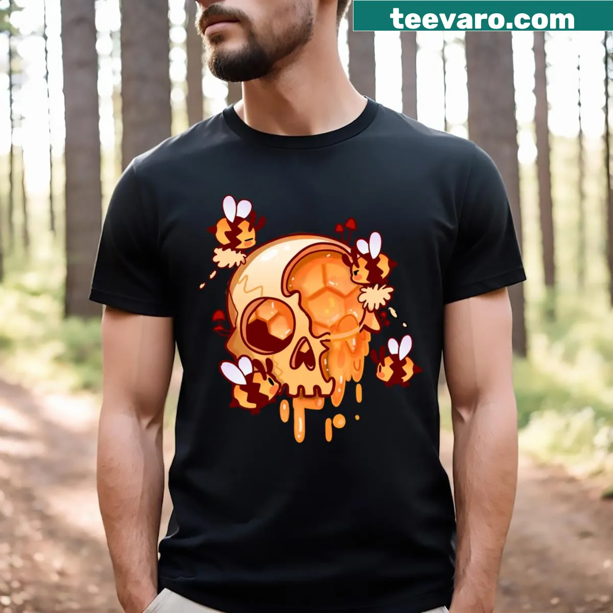 Edgy T-shirt featuring a honey skull graphic — on a men's t-shirt