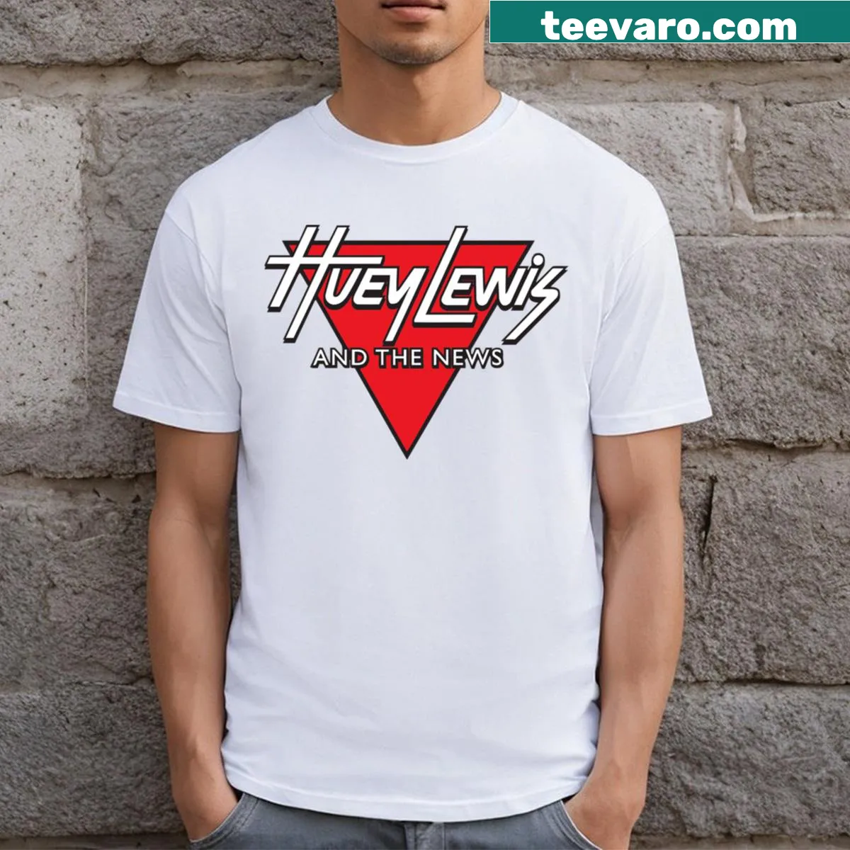 Huey Lewis The News T-shirt with bold lettering — on a men's t-shirt