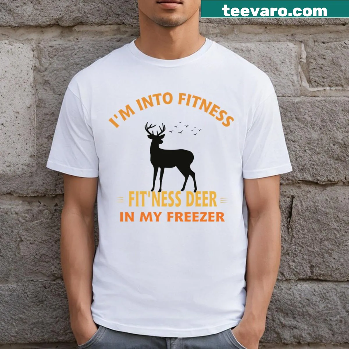 Funny hunting-themed t-shirt with fitness and deer humor — on a men's t-shirt
