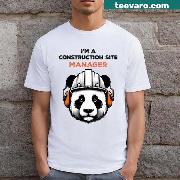 Illustrated t-shirt featuring a panda as a construction site manager