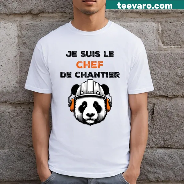 Illustrated t-shirt featuring a panda as a construction site manager