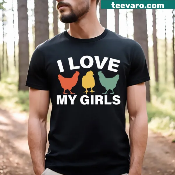 Whimsical graphic of colorful chickens on a funny T-shirt