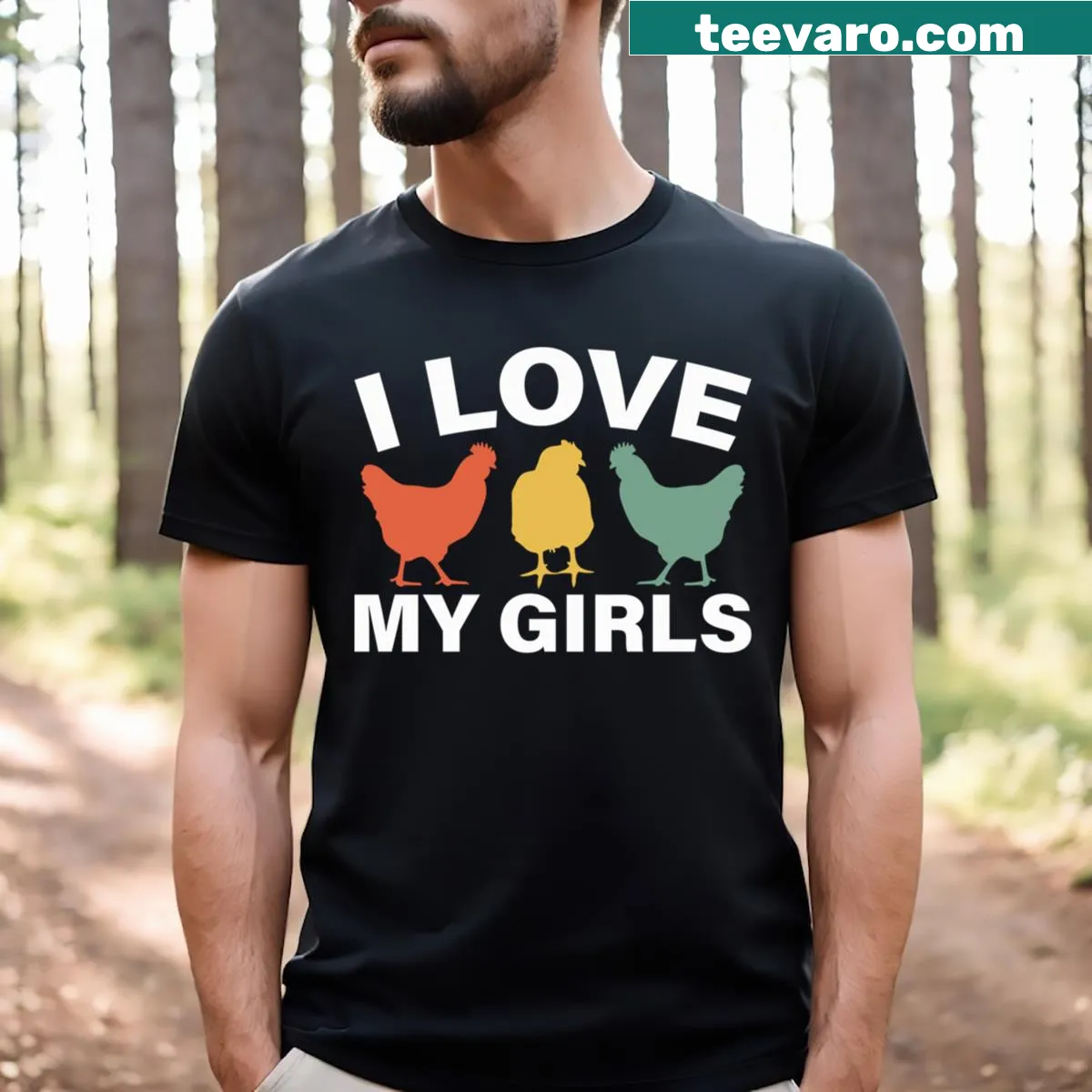 Whimsical graphic of colorful chickens on a funny T-shirt — on a men's t-shirt