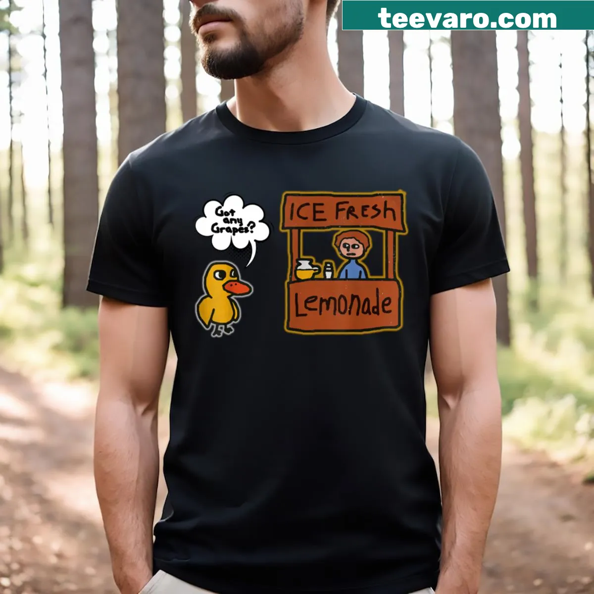 Cartoon lemonade drink with humorous text about grapes on a t-shirt — on a men's t-shirt