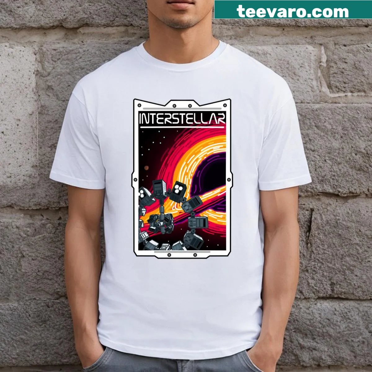 Intricate design featuring celestial elements representing interstellar travel on a t-shirt — on a men's t-shirt