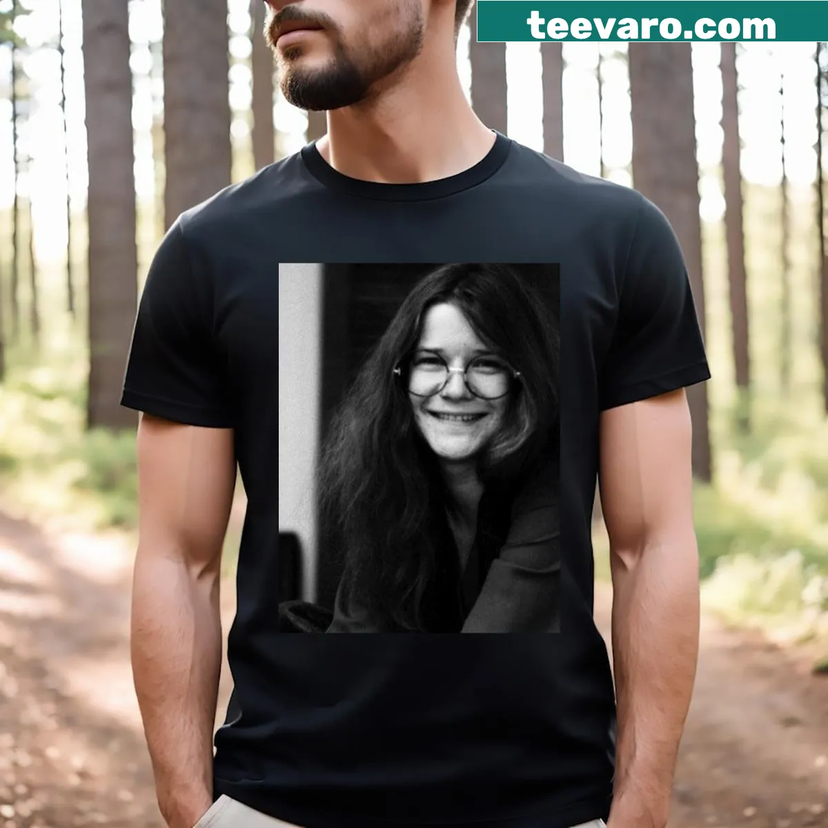 Artistic graphic t-shirt honoring Janis Joplin — on a men's t-shirt