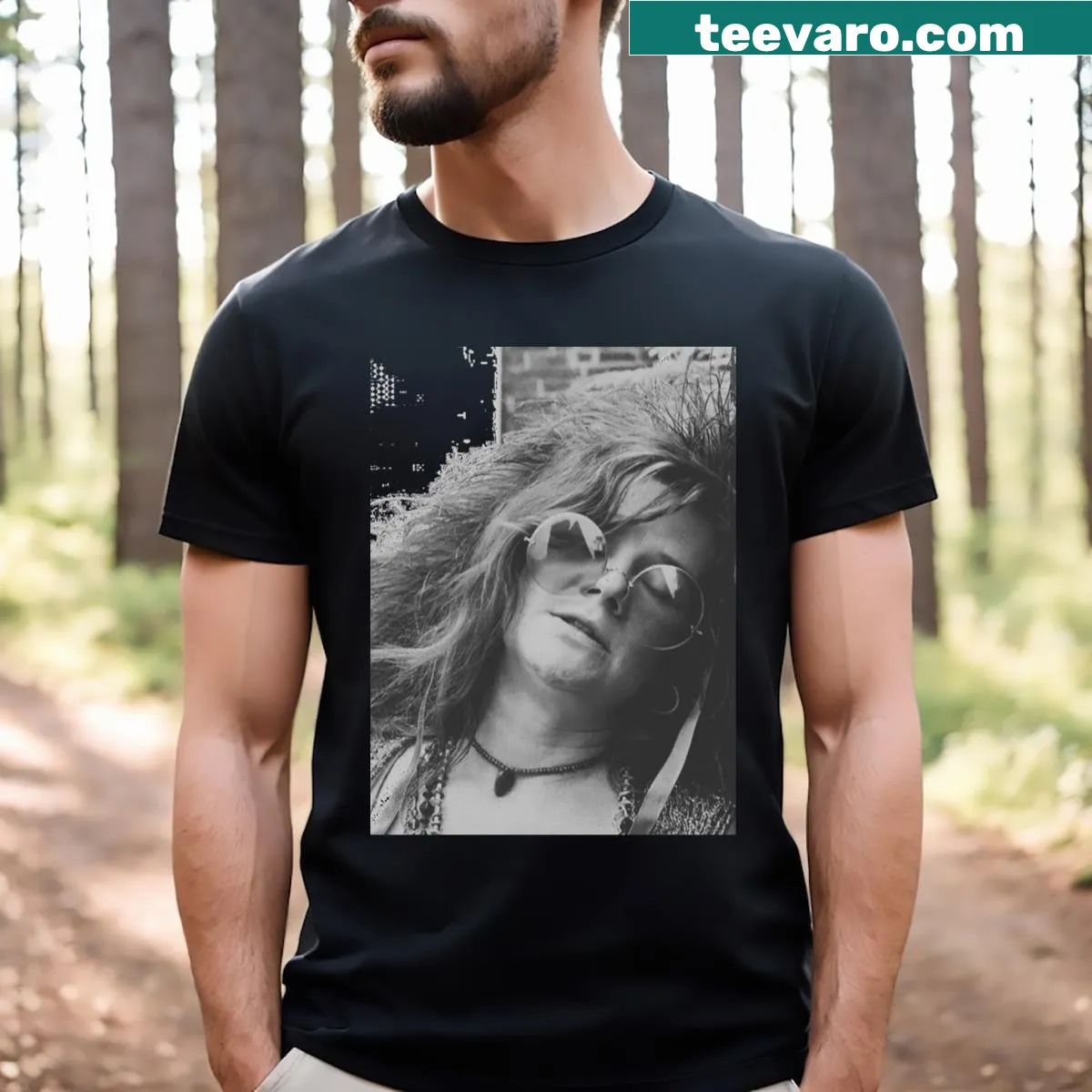 Stylish t-shirt featuring a unique design inspired by Janis Joplin — on a men's t-shirt