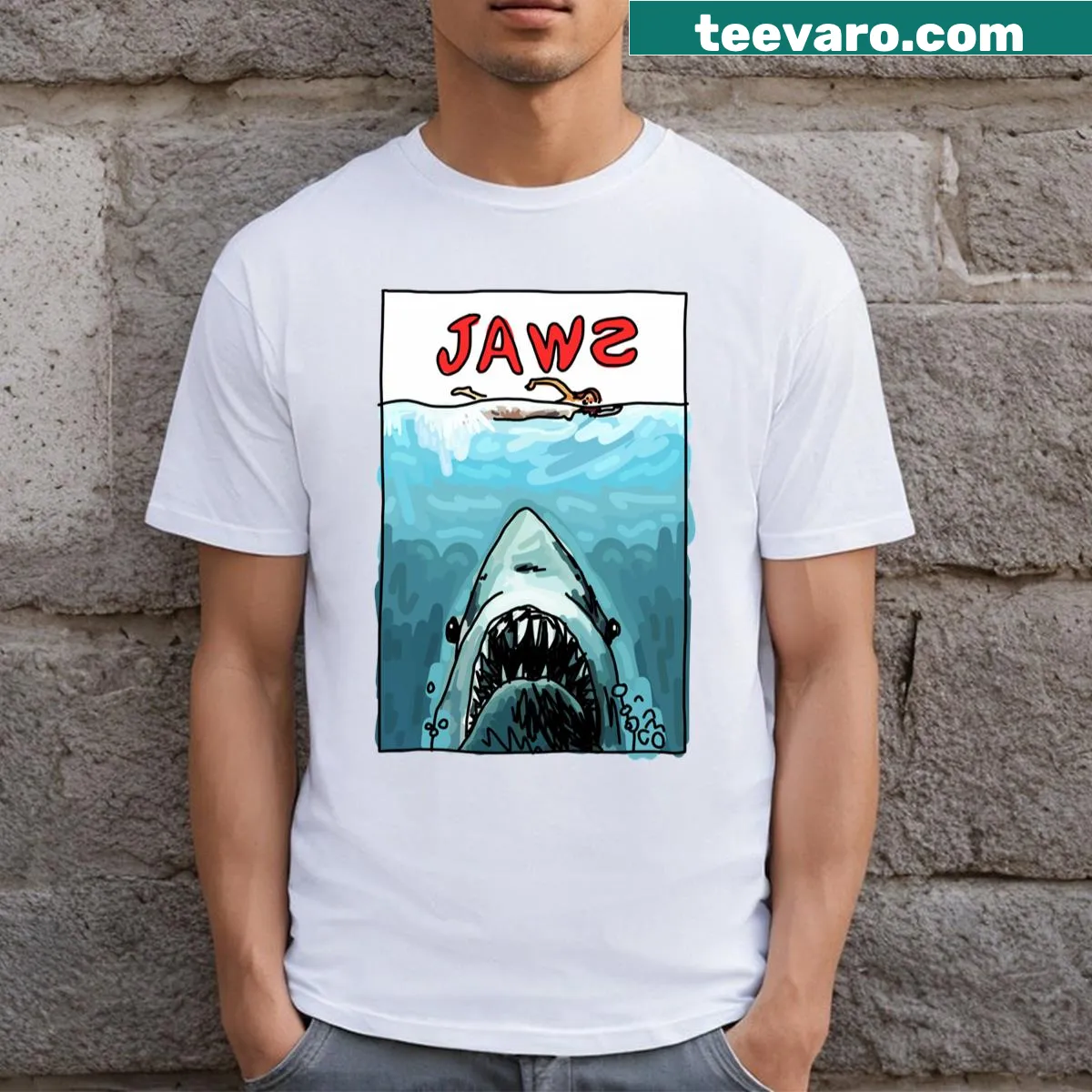 T-shirt featuring a vintage Jawz movie poster design — on a men's t-shirt