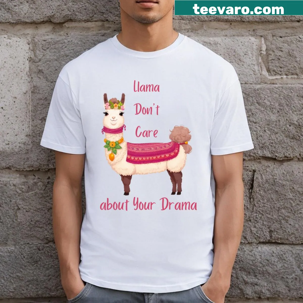 Playful t-shirt with the phrase Llama Don't Care About Your Drama — on a men's t-shirt