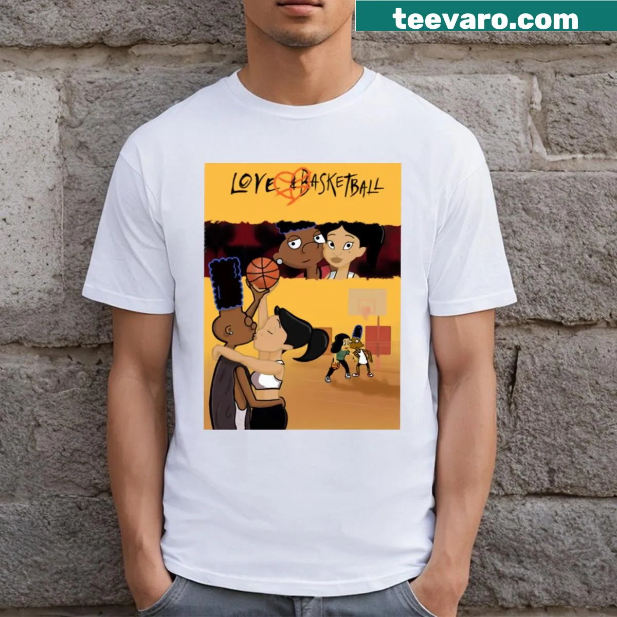 Illustrative T-shirt merging the themes of love and basketball — on a men's t-shirt