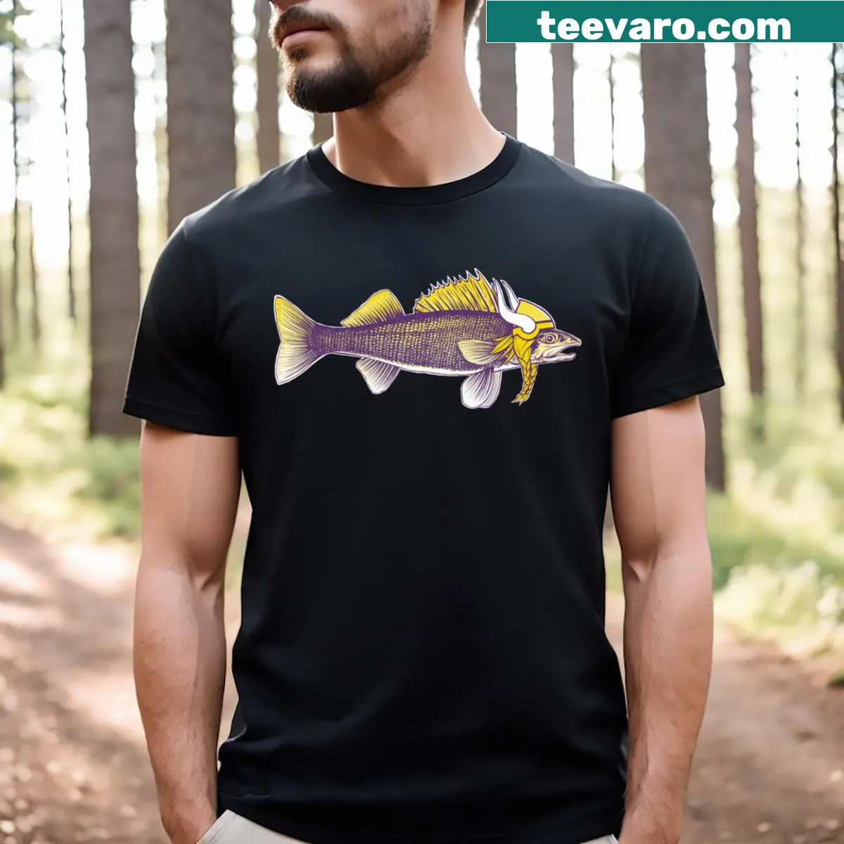 Illustrated walleye fish on a T-shirt, symbolizing Minnesota fishing. — on a men's t-shirt