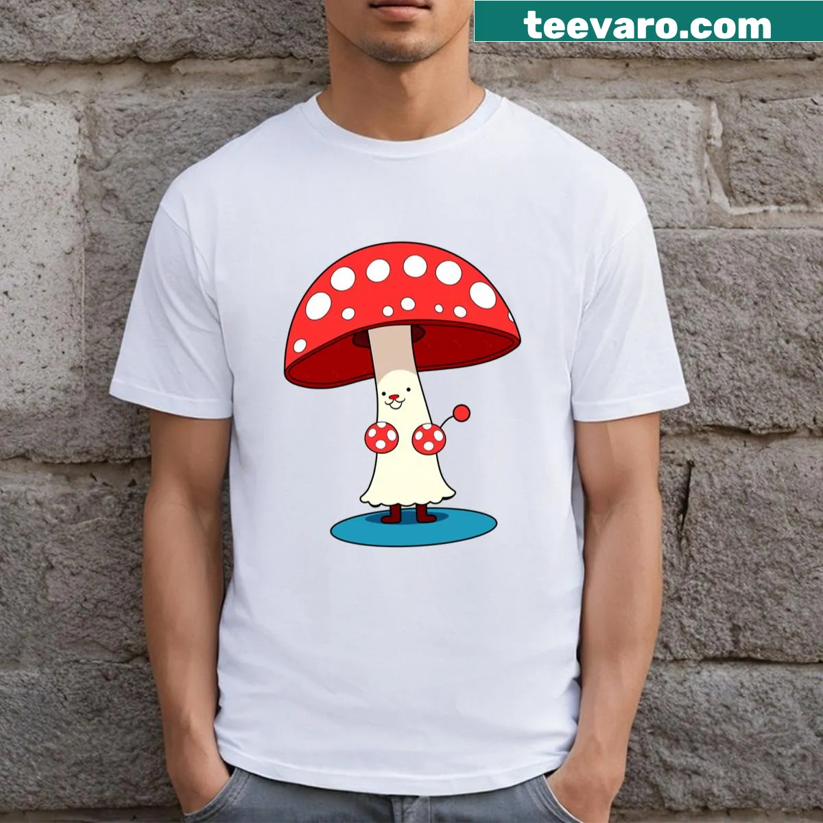T-shirt featuring a whimsical mushroom design for Christmas — on a men's t-shirt
