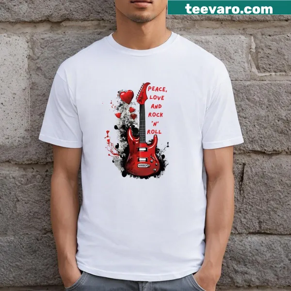T-shirt featuring a red guitar illustration celebrating rock and roll music.