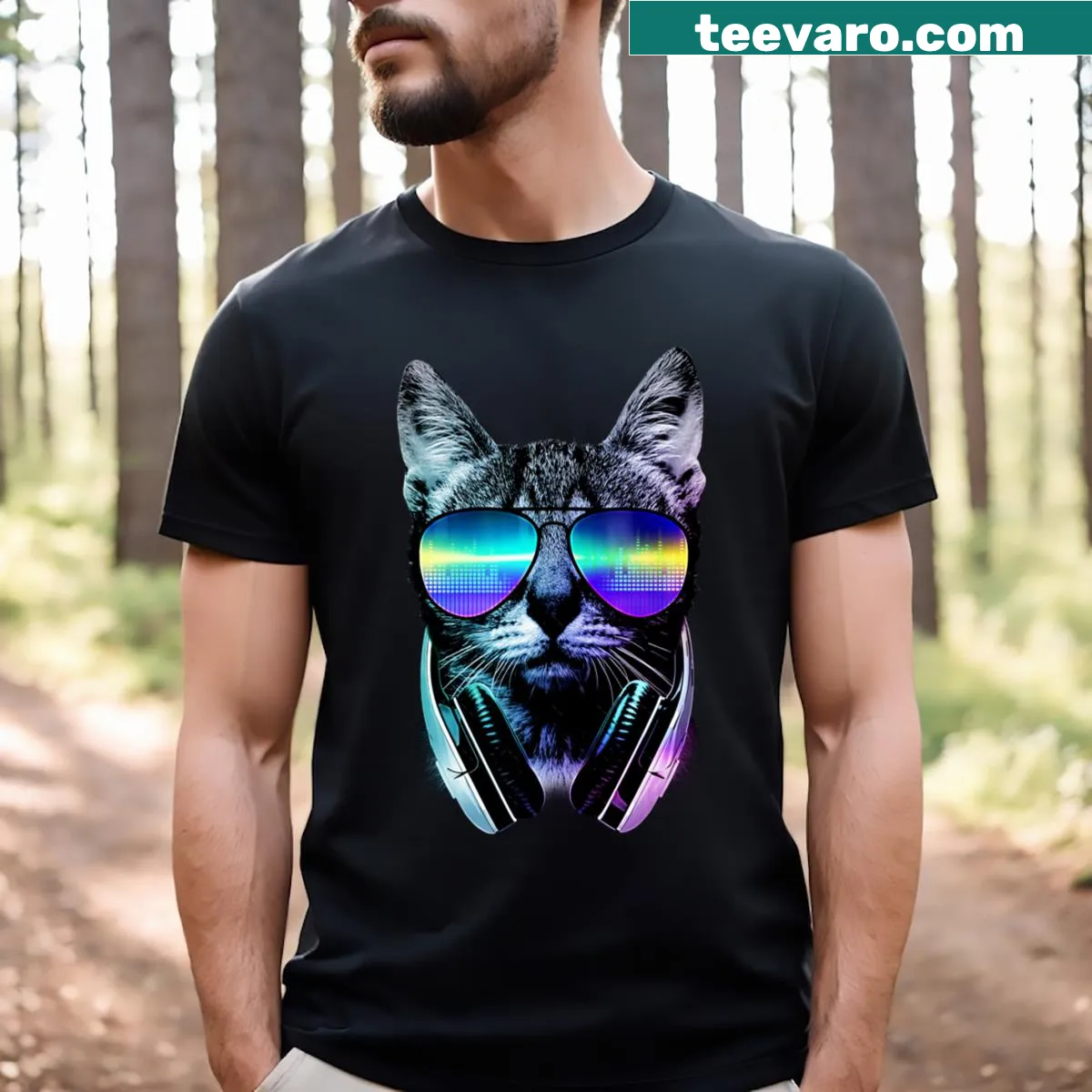 Cartoon cat surrounded by musical notes on T-shirt. — on a men's t-shirt