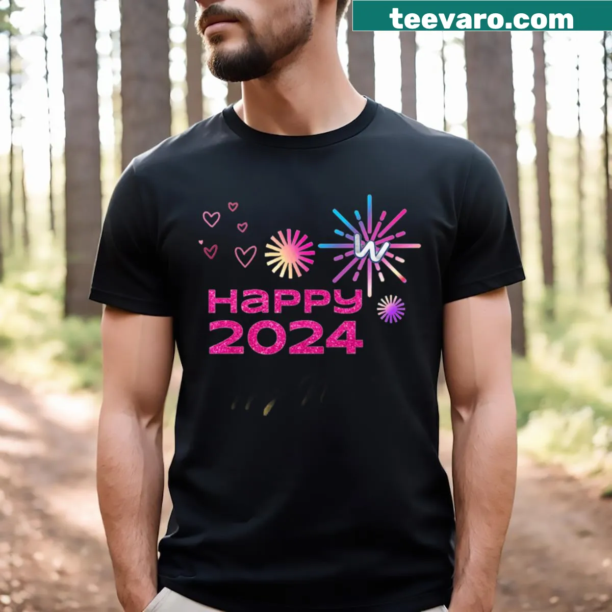 T-shirt celebrating the New Year 2024 with festive graphics — on a men's t-shirt