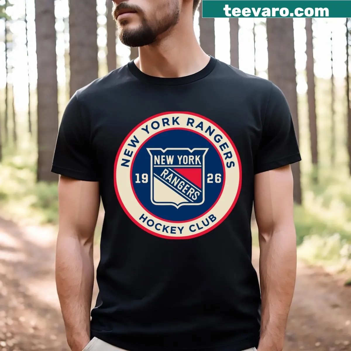 New York Rangers T-shirt featuring the team logo — on a men's t-shirt