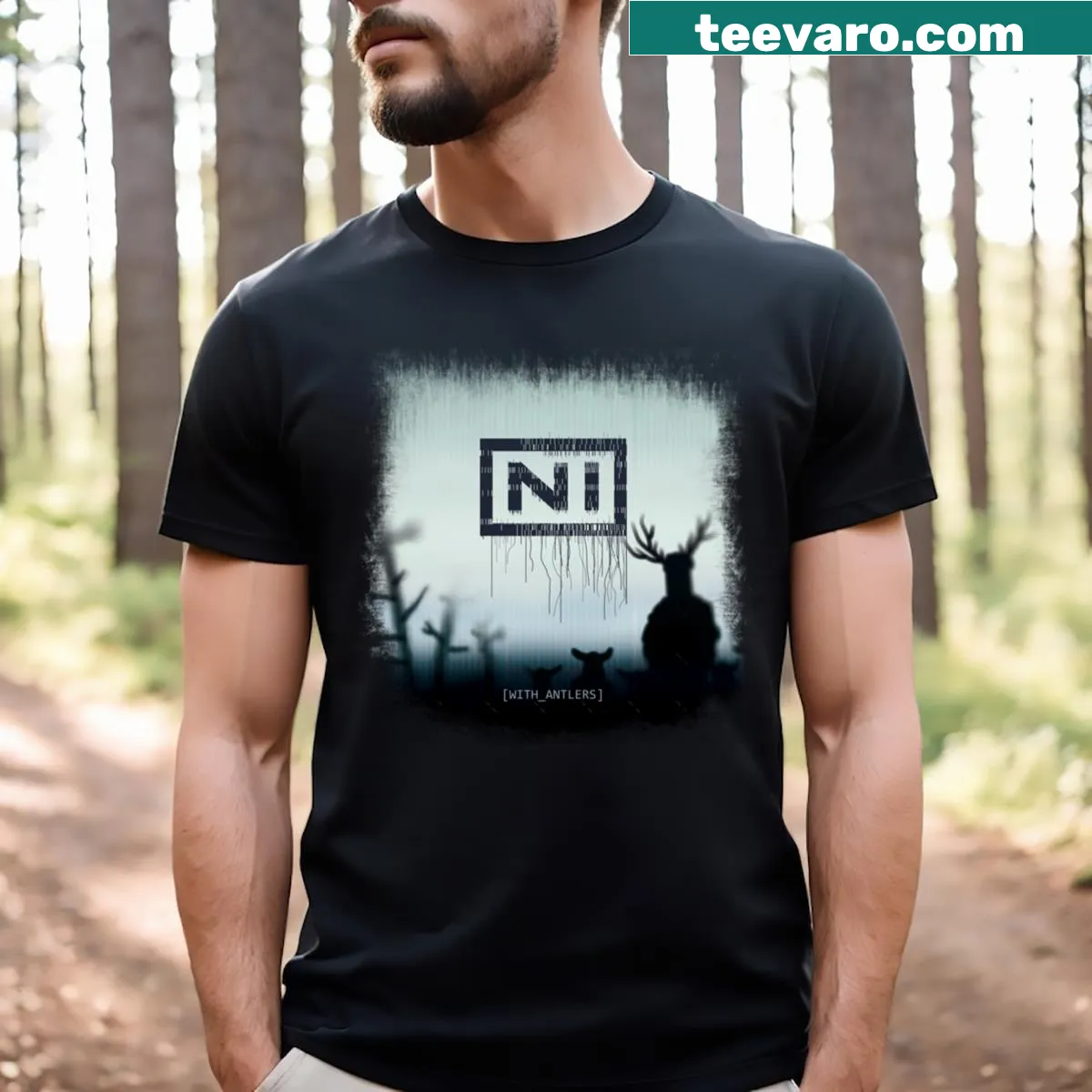 Humorous album cover parody T-shirt with knights and antlers — on a men's t-shirt