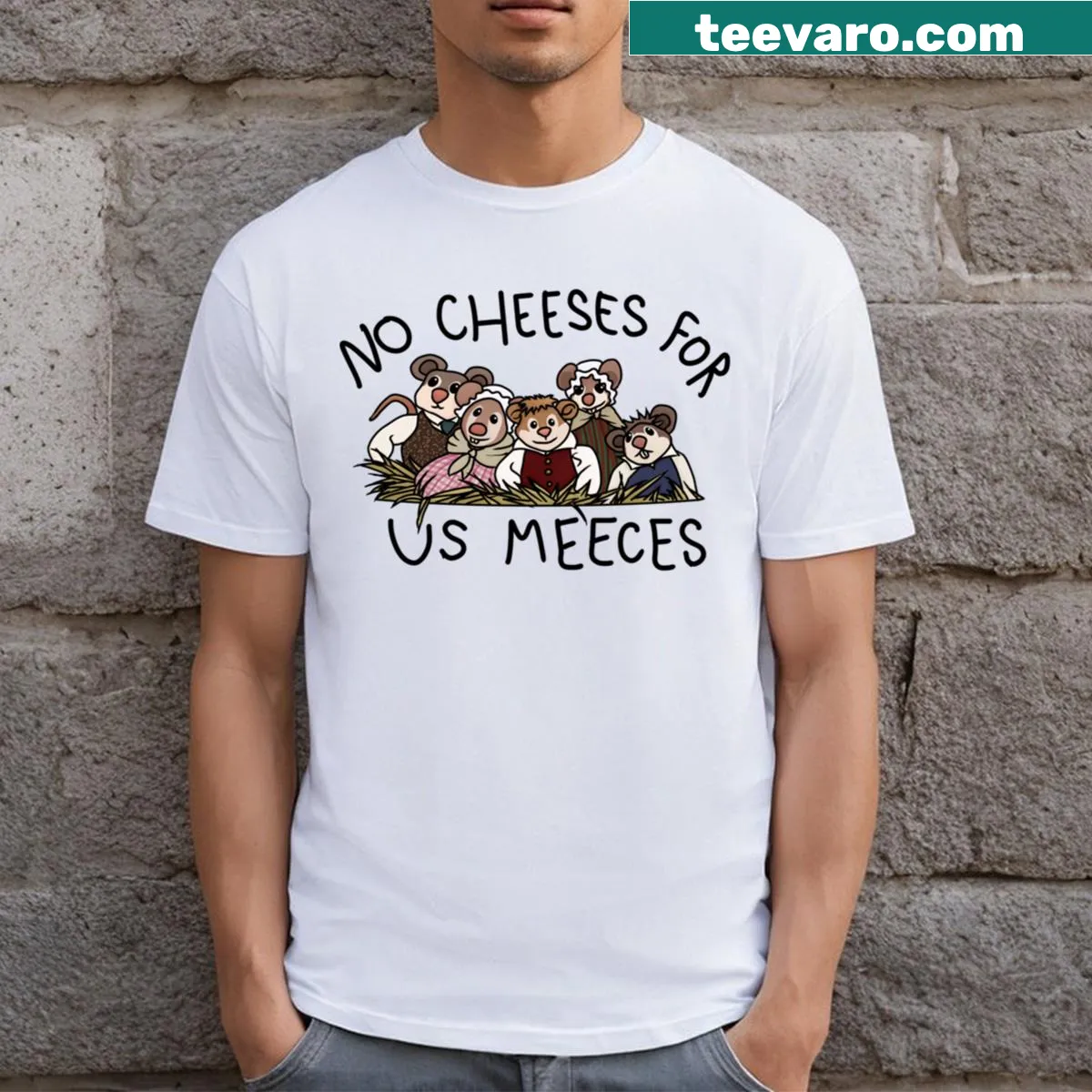 Playful No Cheeses For Us Meeces graphic T-shirt — on a men's t-shirt