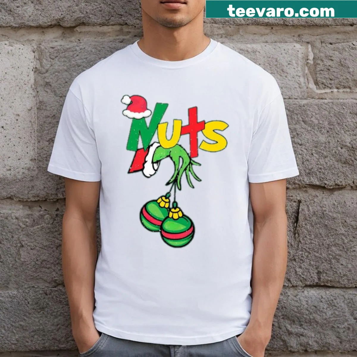 Matching Christmas T-shirt with 'Nuts Grinch' humorous text — on a men's t-shirt