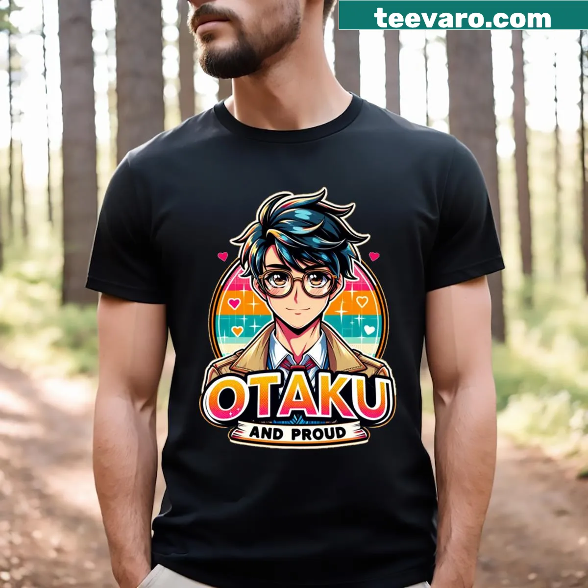 T-shirt with the phrase 'Otaku And Proud' in stylish typography — on a men's t-shirt