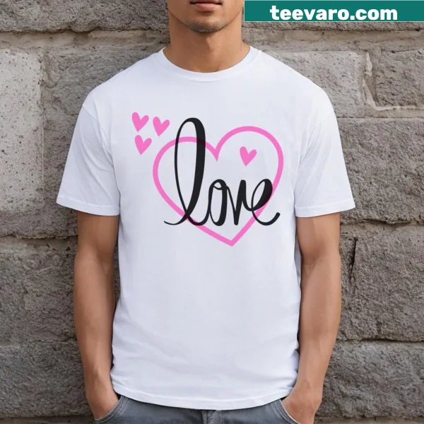 Graphic of pink hearts and black text on a t-shirt