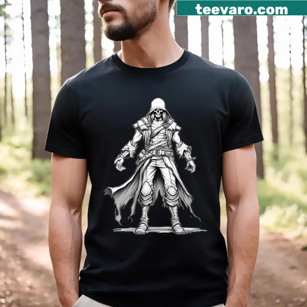 Illustration of a skeletal pirate captain on a t-shirt.