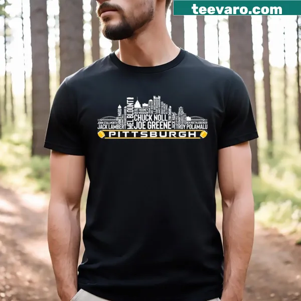 Illustrative t-shirt featuring Pittsburgh football legends and city skyline