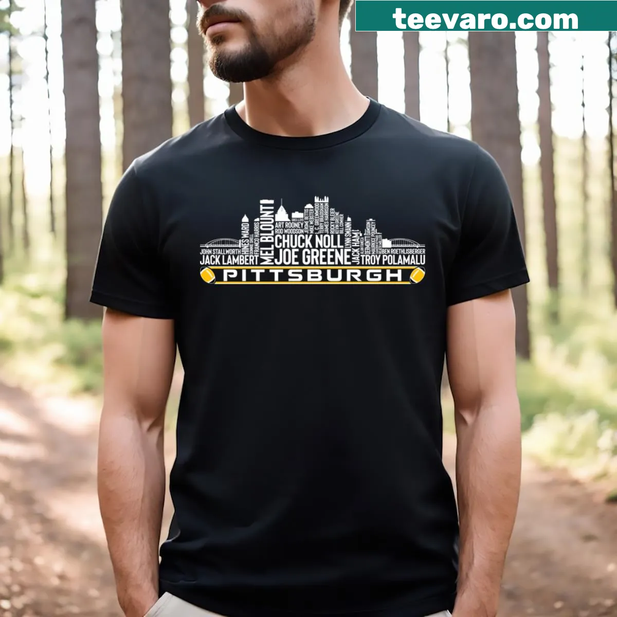 Illustrative t-shirt featuring Pittsburgh football legends and city skyline — on a men's t-shirt