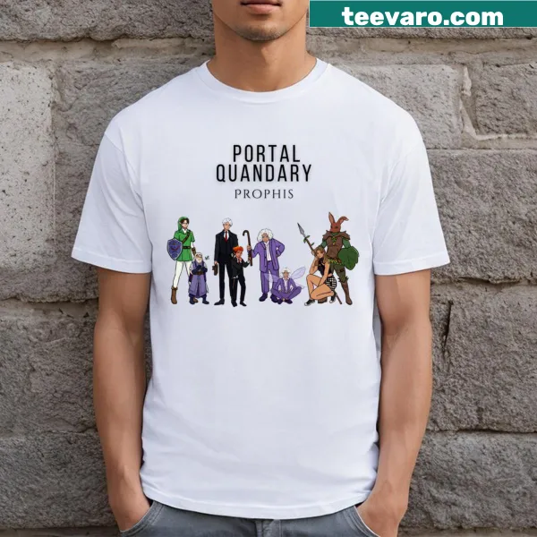 Illustrative design of portals and adventure-themed graphics on a t-shirt.