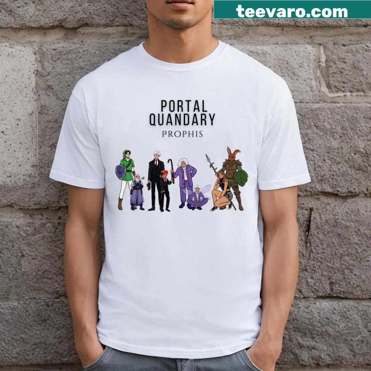 Illustrative design of portals and adventure-themed graphics on a t-shirt. — on a men's t-shirt