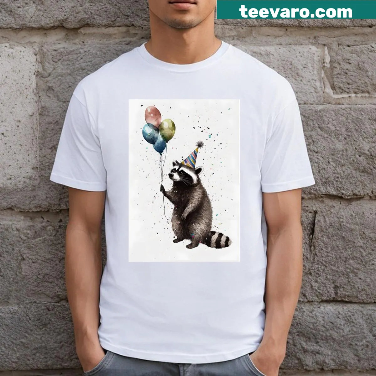 Whimsical raccoon party illustration on a T-shirt — on a men's t-shirt