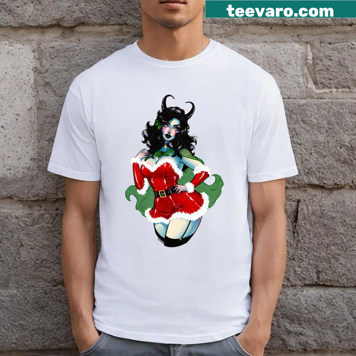 Illustrative design of a Yule sorceress with winter motifs — on a men's t-shirt
