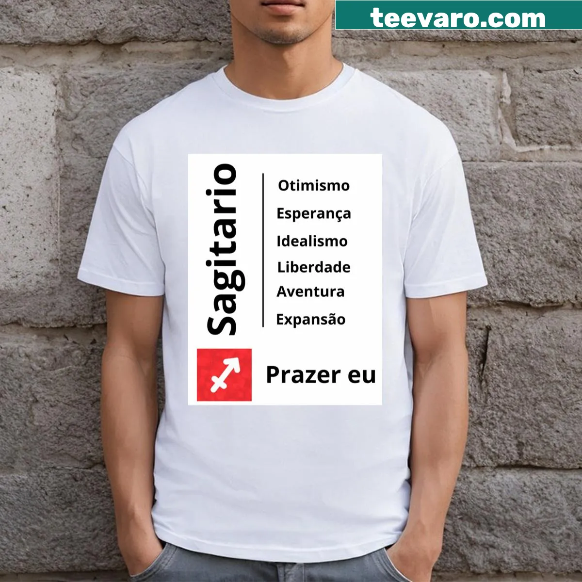 Sagittarius-inspired graphic with an optimistic message on a T-shirt — on a men's t-shirt