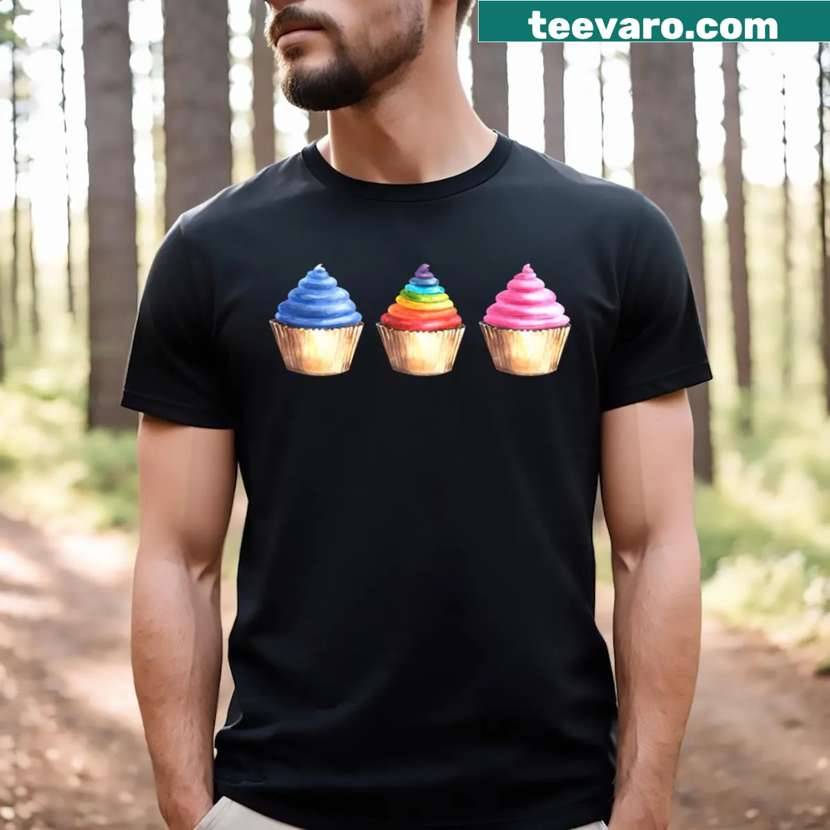 T-shirt with hand-drawn watercolor cupcake illustration — on a men's t-shirt