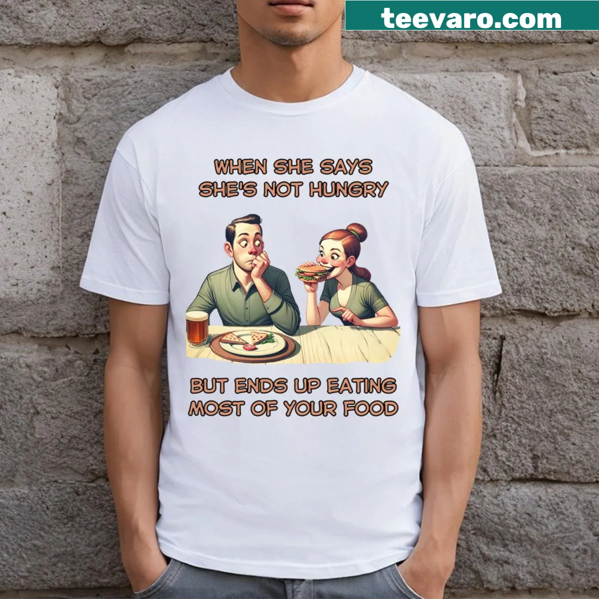 T-shirt featuring 'Shared Meal' phrase in playful typography — on a men's t-shirt